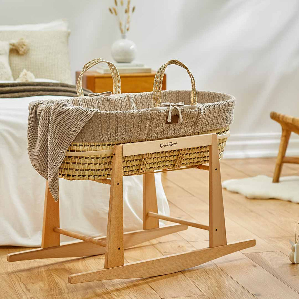 Little Green Sheep - Natural Knitted Moses Basket & Mattress Truffle with Stand Bundle - Rocking - The Baby Service