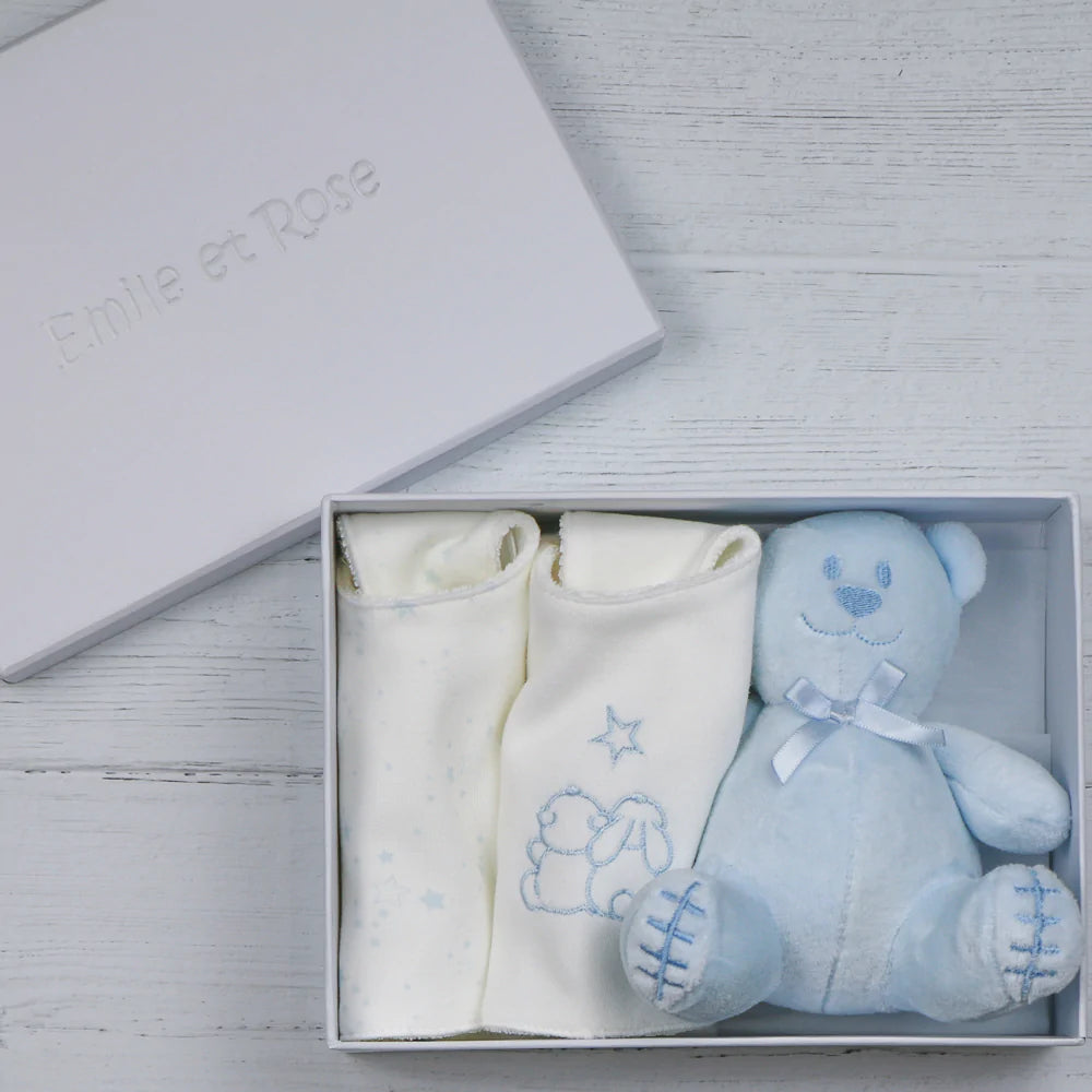 Emile et Rose - Trenton Blue Star Print Bib and Bunny Gift Set - The Baby Service