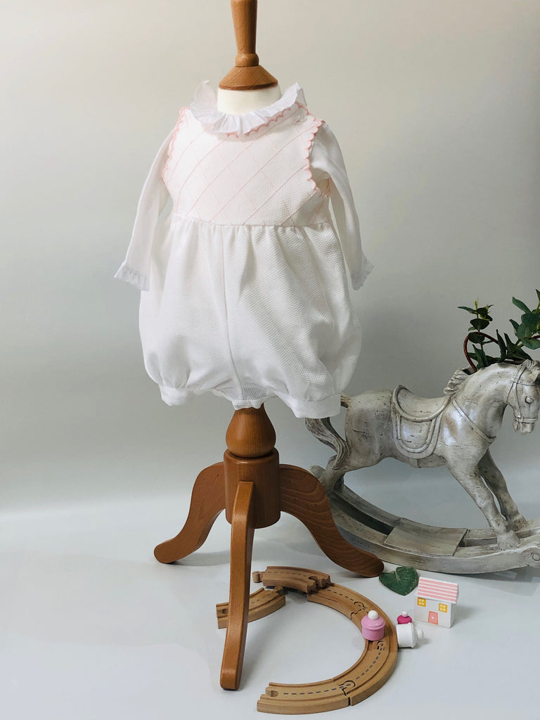 Piaro Baby Hand Embroidered Pink Bubble Romper Luxury Christening Clothes