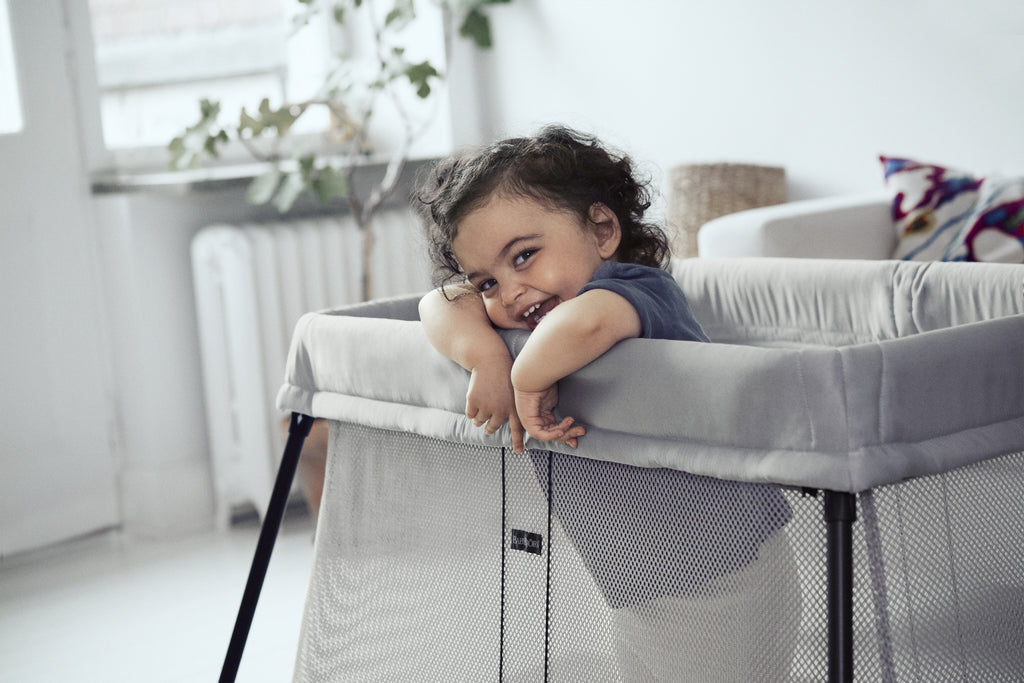 BabyBjorn Travel Cot Silver with Fitted Sheet - The Baby Service - Lifestyle
