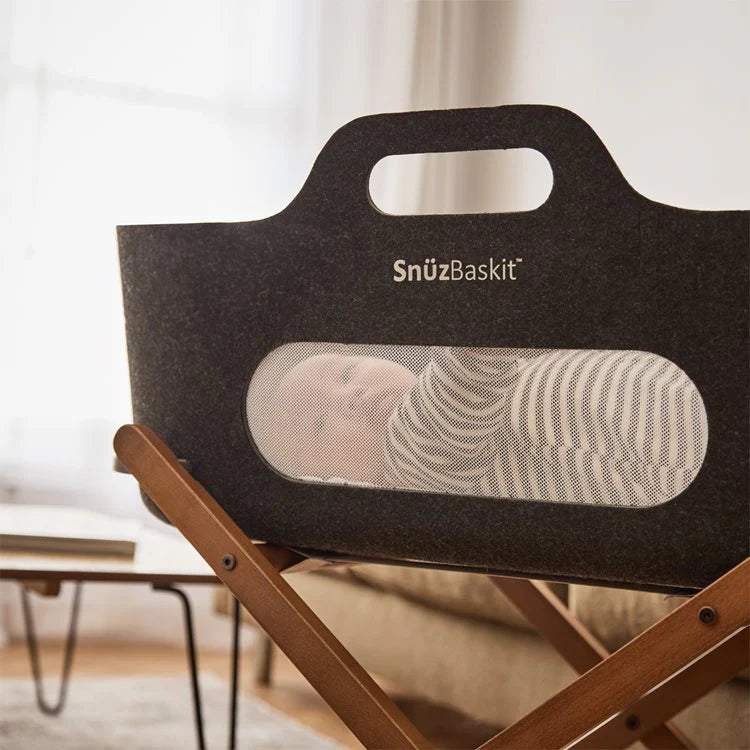 SnuzBaskit Graphite Moses Basket & Walnut Stand - Close Up - The Baby Service
