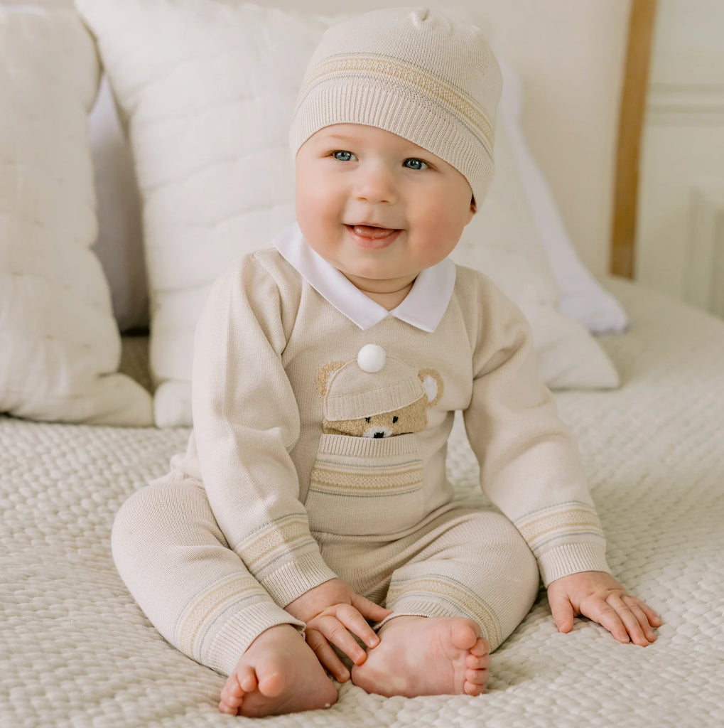 Emile et Rose - Hudson Stone Knit Teddy Outfit and Hat - The Baby Service - Baby Shower