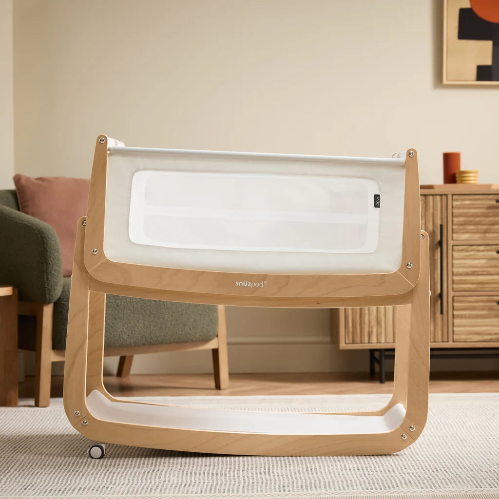 SnuzPod 5 Bedside Crib - Natural - Lifetyle - The Baby Service - Tilt