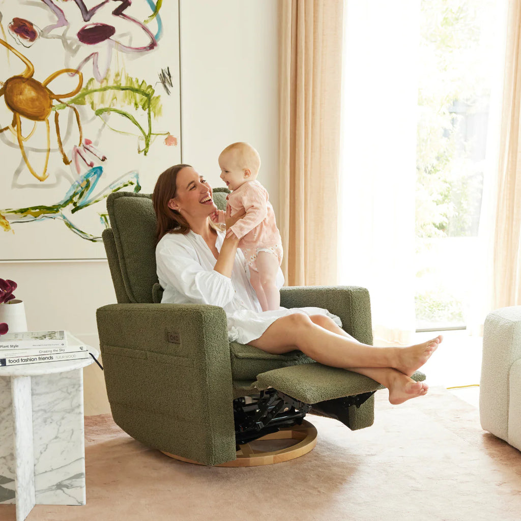 Frankie Electric Recliner Glider Nursery Chair in Olive Teddy - The Baby Service - Lifestyle