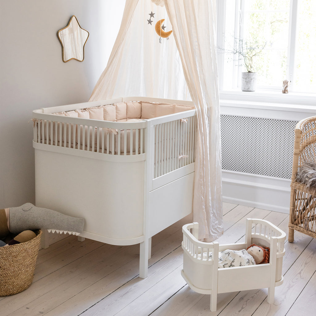 Sebra Cot Bed Baby & Junior - Classic White with Canopy in Room
