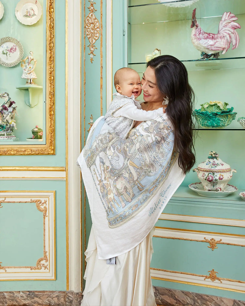 Atelier Choux - Organic Swaddle - Carousel Blue - Lifestyle - The Baby Service