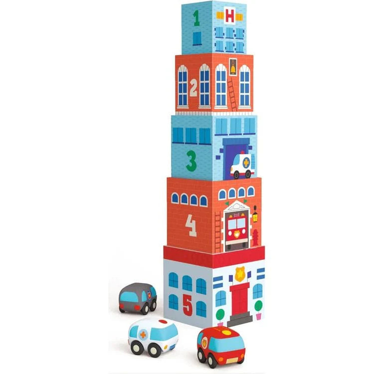 Djeco Topanicar Stacking Tower Blocks and Cars - Toys - Gifts - The Baby Service