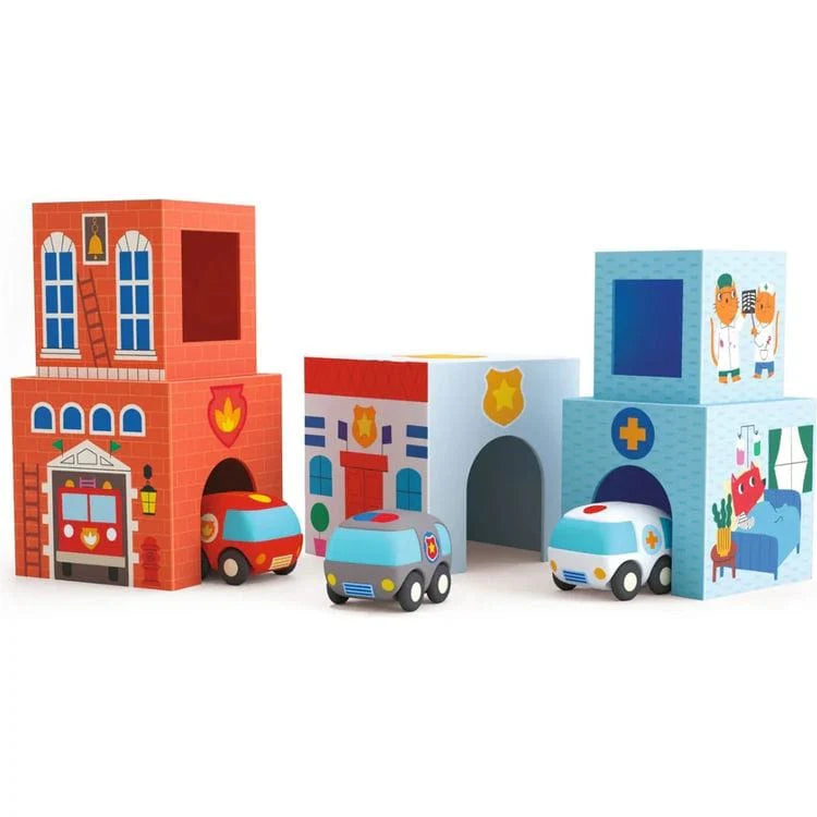 Djeco Topanicar Stacking Tower Blocks and Cars - Toys - The Baby Service