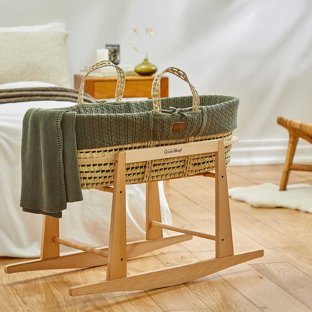 Little Green Sheep - Natural Knitted Moses Basket & Mattress Juniper with Stand Bundle - Rocking - The Baby Service