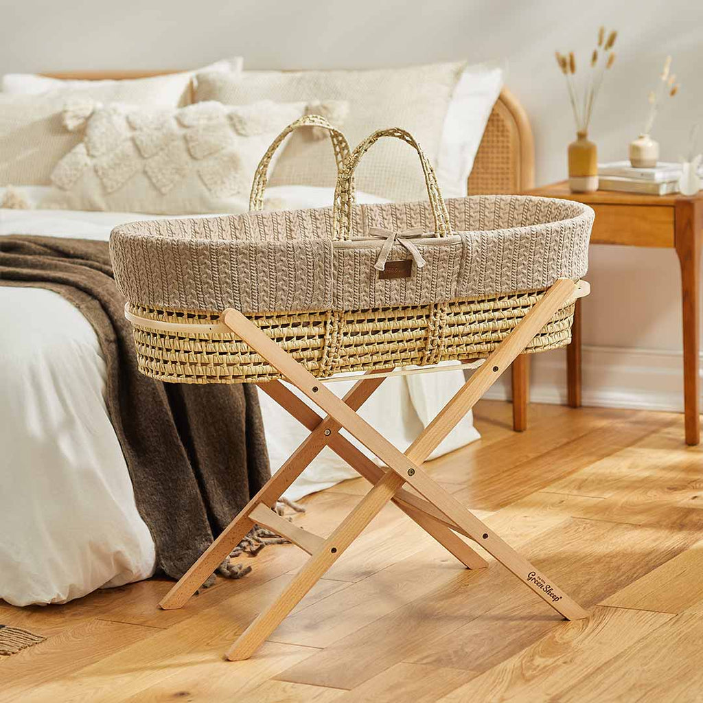 Little Green Sheep - Natural Knitted Moses Basket & Mattress Truffle with Stand Bundle - The Baby Service
