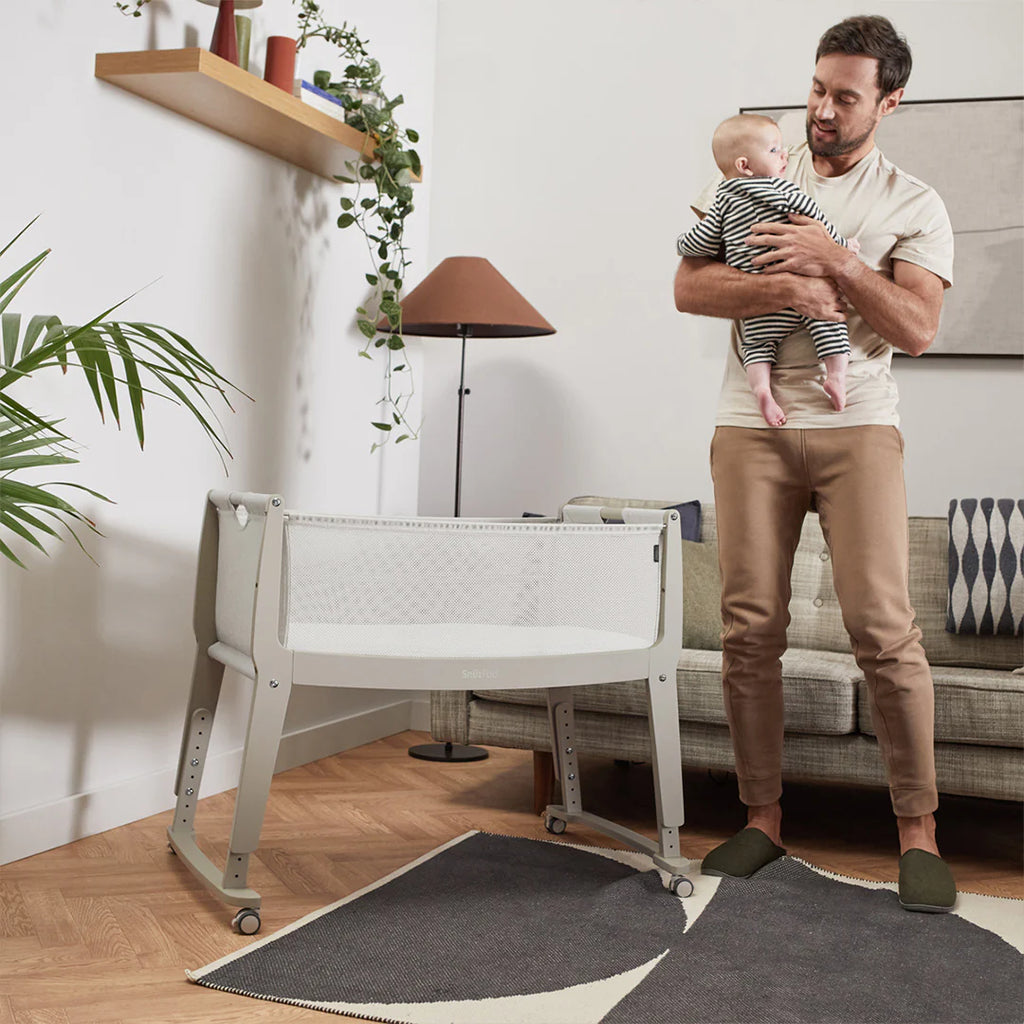 Snuzpod Studio Bedside Crib - Oslo Grey - Father with Baby - The Baby Service