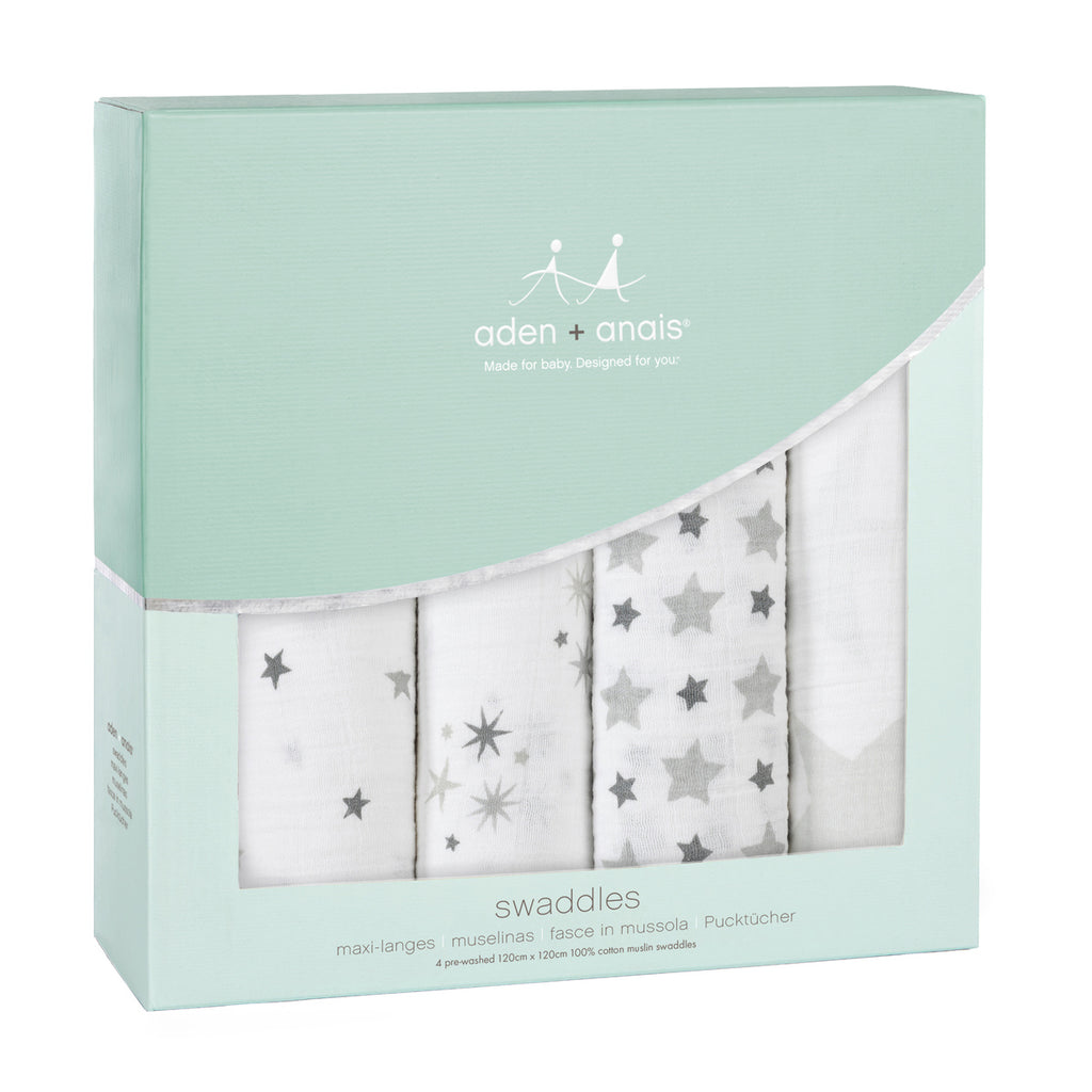 Baby Swaddle Pack of 4 Gift Box Silver Grey Stars In Gift Box - The Baby Service