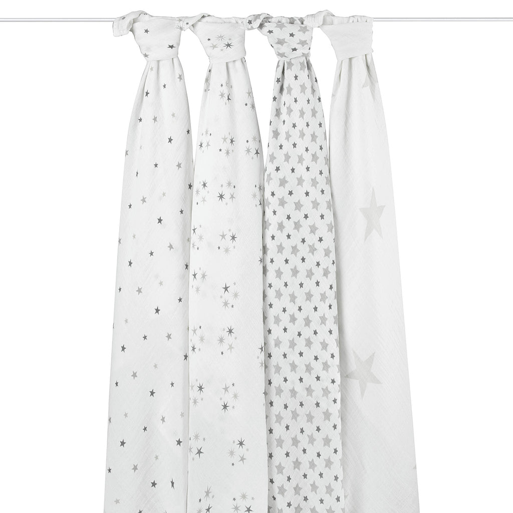 Aden Anais 4 Pack Silver Stars Baby Swaddles - The Baby Service