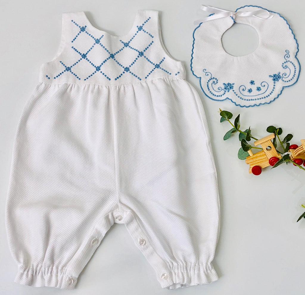 Piaro Baby Classic Hand Embroidered Traditional Romper in Blue Luxury Clothing Gifts