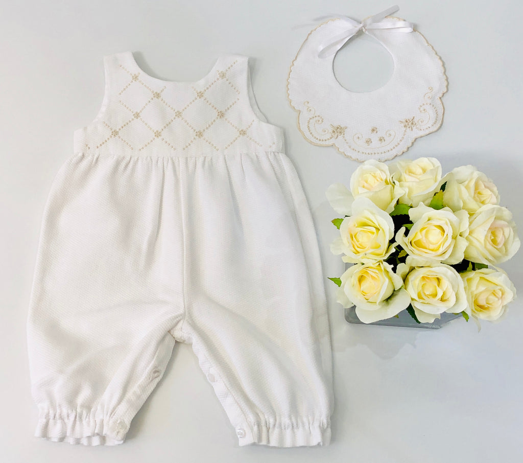 Piaro Baby New Born Christening Outfit Hand Embroidered Traditional Romper in Beige