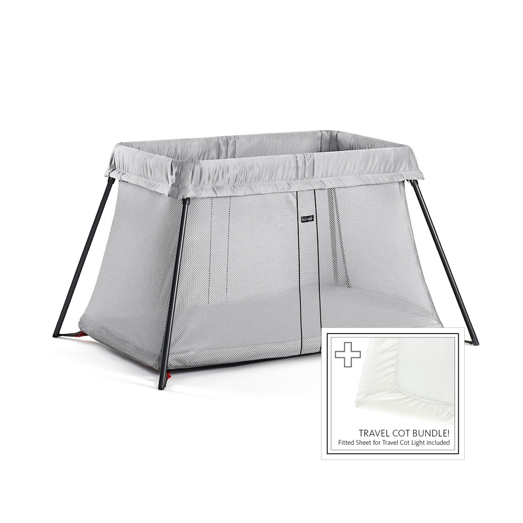 BabyBjorn Travel Cot Silver with Fitted Sheet - The Baby Service